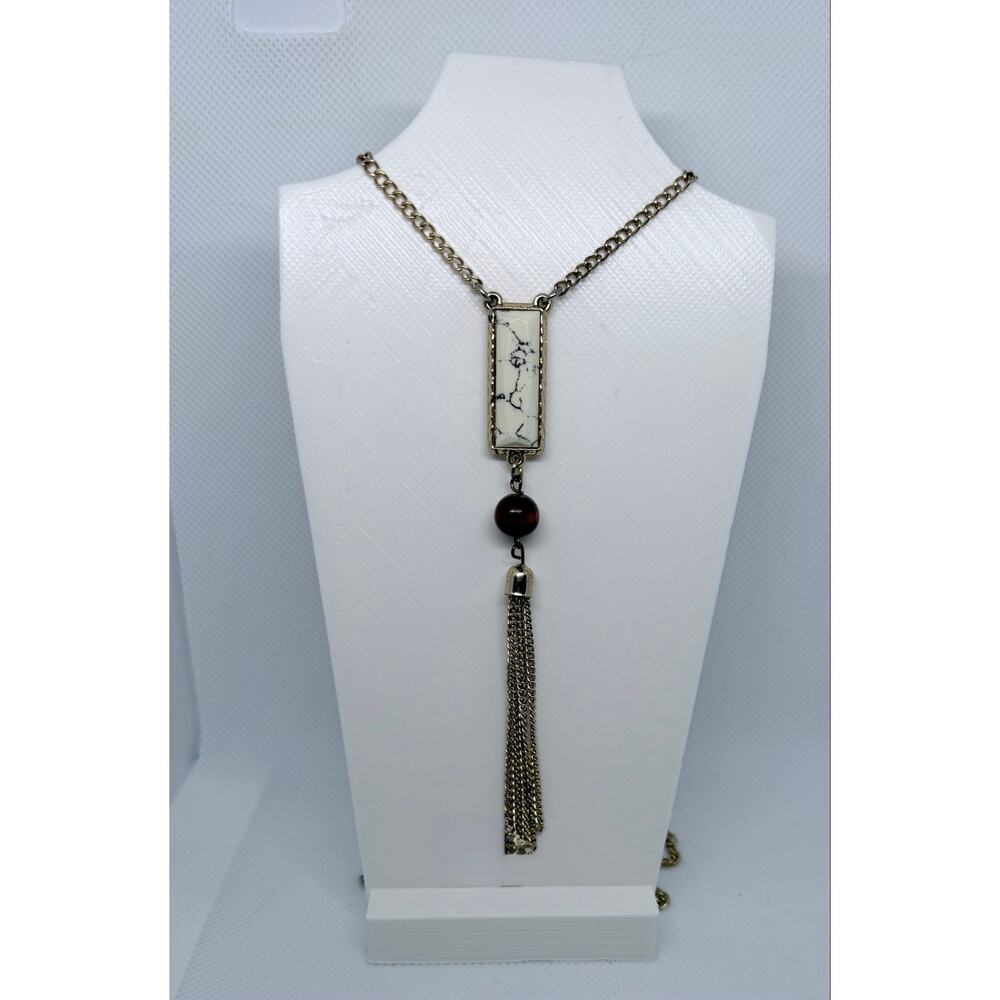 Gold Tone Floral Necklace White Resin 24” Refined Botanical Pendant